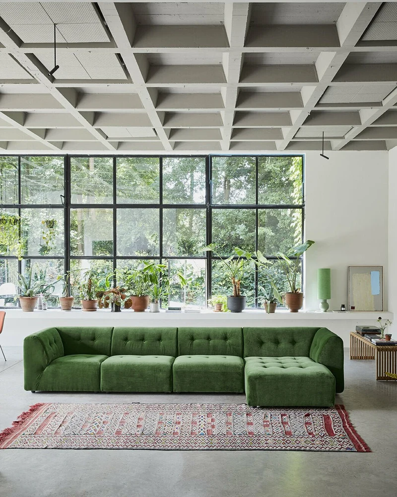 Module d'angle gauche 2 places en velours vert Vint - Hkliving