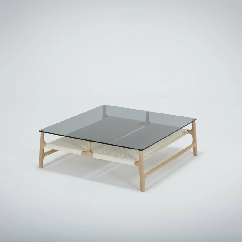 Table basse carrée en chêne blanchi huilé et verre trempé gris 90 x 90 cm Fawn - Gazzda
