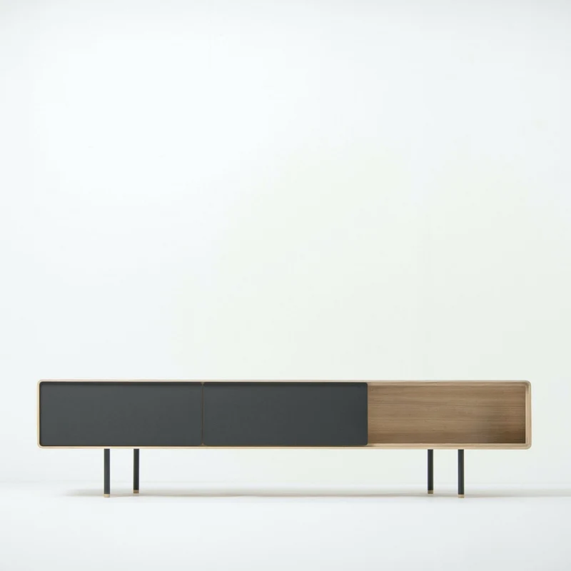 Meuble TV en chêne blanchi huilé et linoléum noir 45 x 200 cm Fina - Gazzda