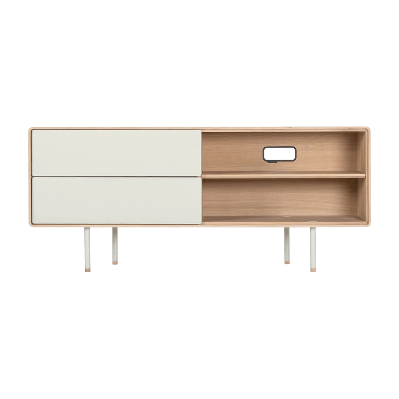 Buffet bas en chêne blanchi huilé et tiroirs en linoléum gris 45 x 150 cm Fina - Gazzda