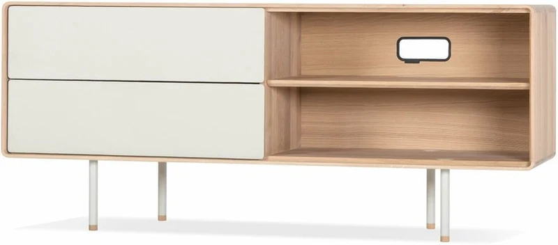 Buffet bas en chêne blanchi huilé et tiroirs en linoléum gris 45 x 150 cm Fina - Gazzda