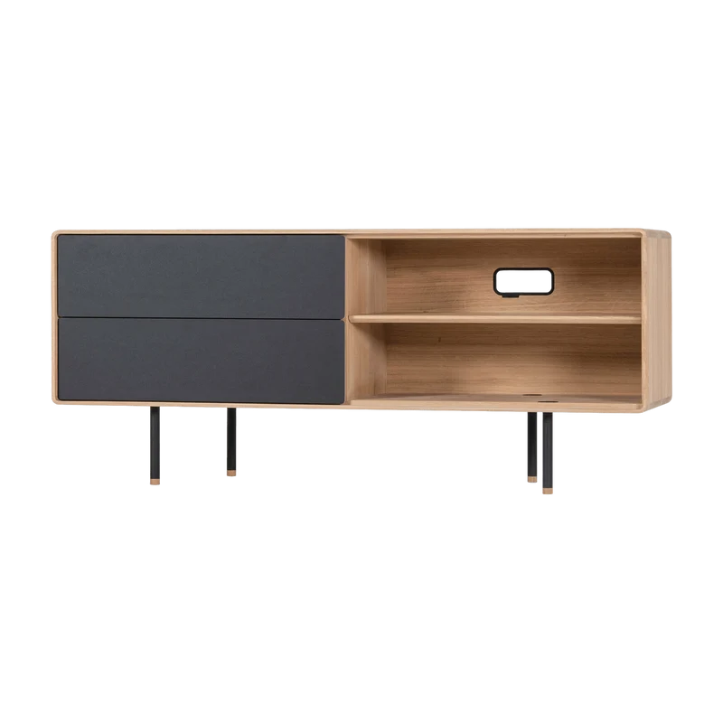 Buffet bas en chêne blanchi huilé et tiroirs en linoléum noirs 45 x 150 cm Fina - Gazzda