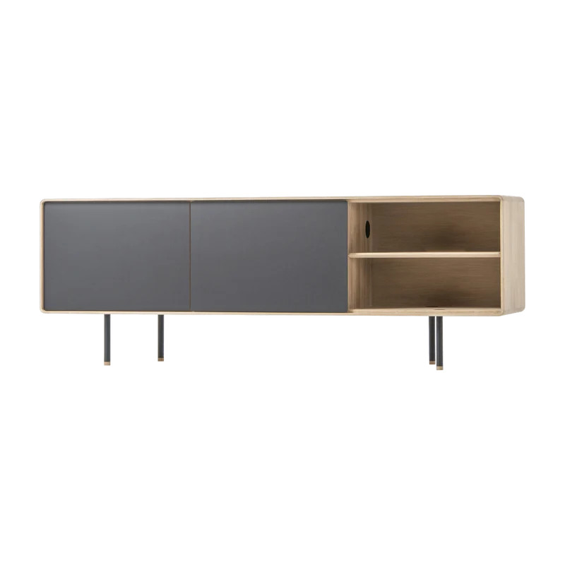 Buffet bas en chêne blanchi huilé et tiroirs en linoléum noirs 45 x 180 cm Fina - Gazzda