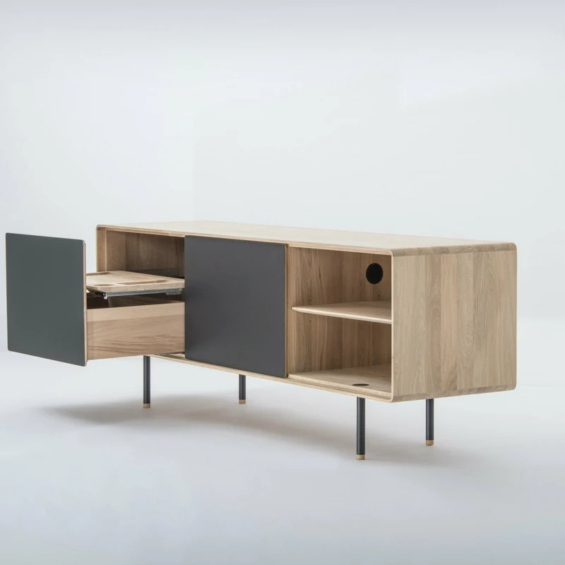 Buffet bas en chêne blanchi huilé et tiroirs en linoléum noirs 45 x 180 cm Fina - Gazzda