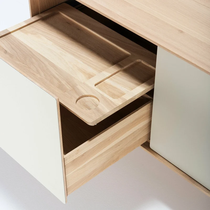 Buffet bas en chêne blanchi huilé et tiroirs en linoléum gris 45 x 180 cm Fina - Gazzda