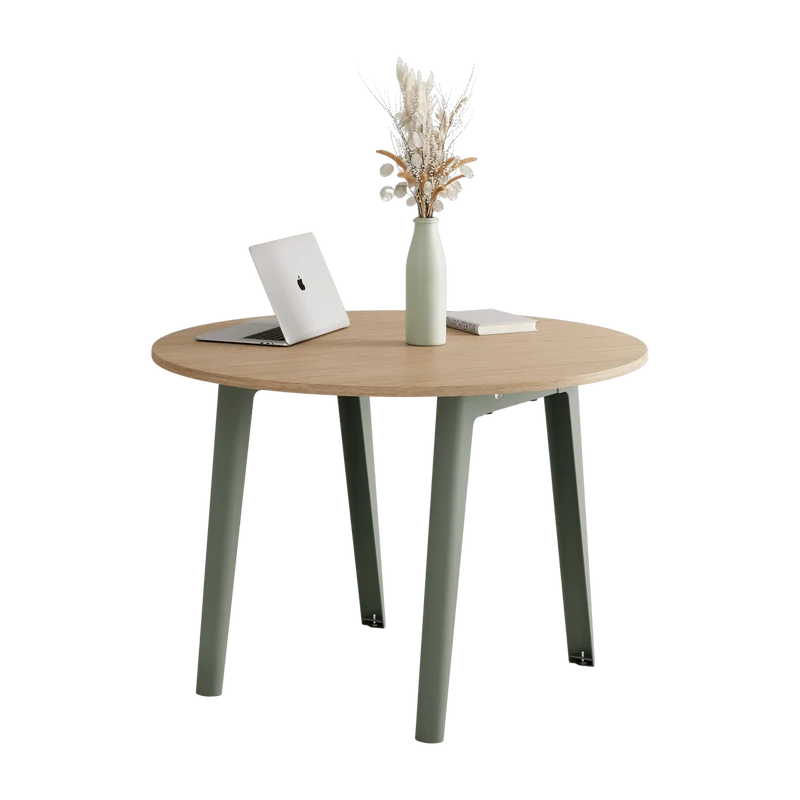 Table ronde en chêne éco-certifié D110 x 75 cm piètements gris eucalyptus New Modern - Tiptoe