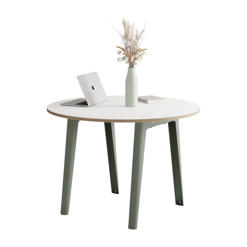 Table ronde en stratifié blanc D110 x 75 cm piètements gris eucalyptus New Modern - Tiptoe