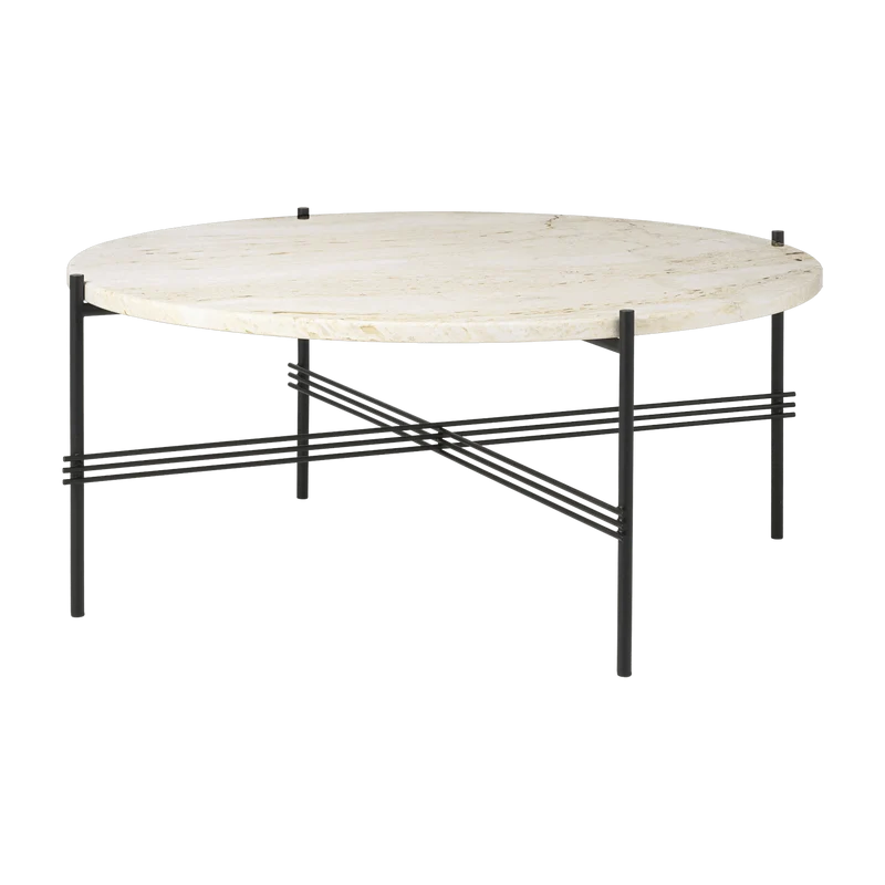 Table basse ronde en travertin blanc et acier inoxydable noir 80 cm TS - Gubi