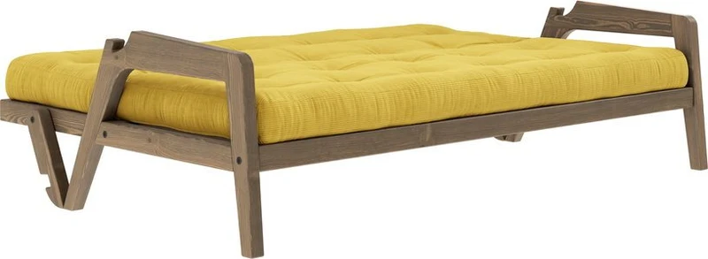 Canapé-lit en bois de pin laqué marron foncé et velours jaune miel 204 x 130 cm Grab - Karup Design