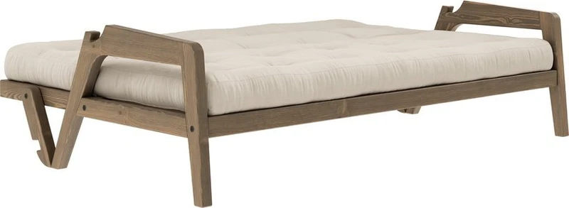 Canapé-lit en bois de pin laqué marron foncé et tissu beige 204 x 130 cm Grab - Karup Design