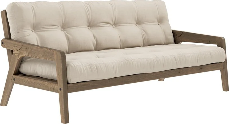 Canapé-lit en bois de pin laqué marron foncé et tissu beige 204 x 130 cm Grab - Karup Design