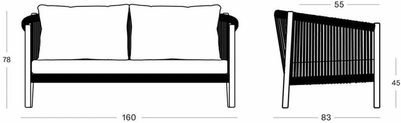 Canapé d'extérieur noir et tissu gris stone avec coussins 2,5S Lento - Vincent Sheppard