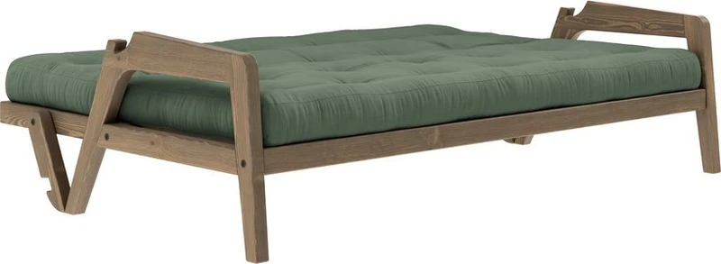 Canapé-lit en bois de pin laqué marron foncé et tissu vert olive 204 x 130 cm Grab - Karup Design