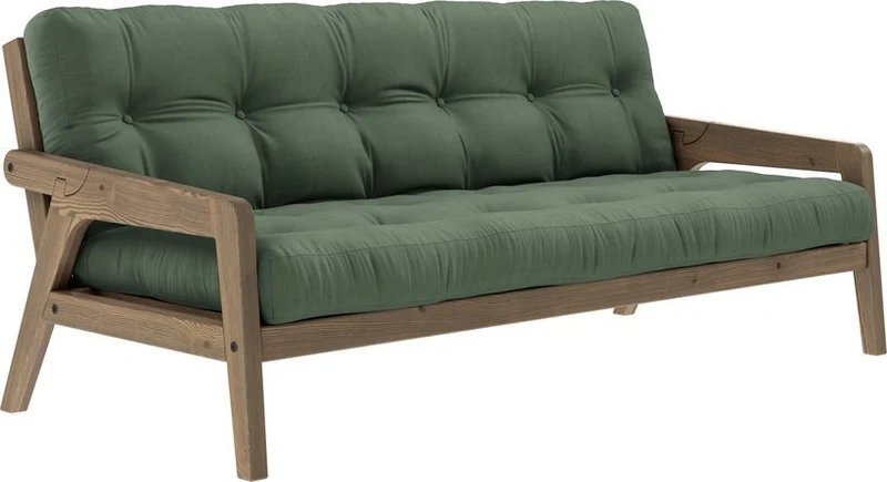 Canapé-lit en bois de pin laqué marron foncé et tissu vert olive 204 x 130 cm Grab - Karup Design