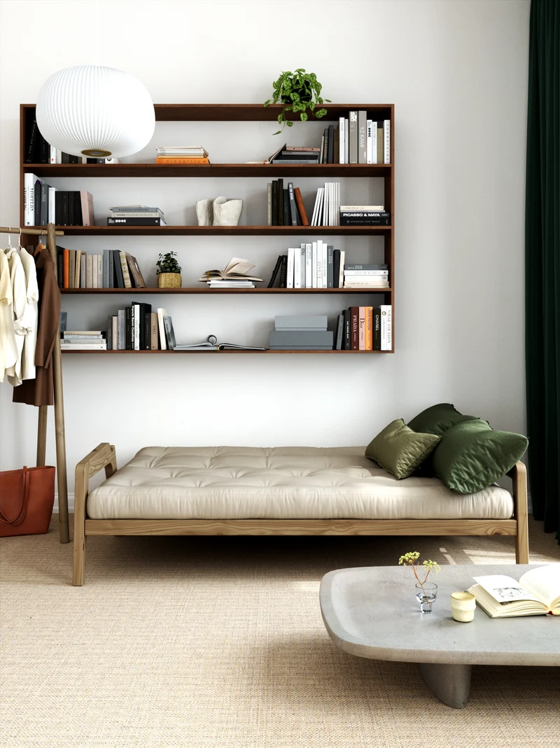 Canapé-lit en bois de pin laqué marron foncé et tissu beige avoine 204 x 130 cm Grab - Karup Design