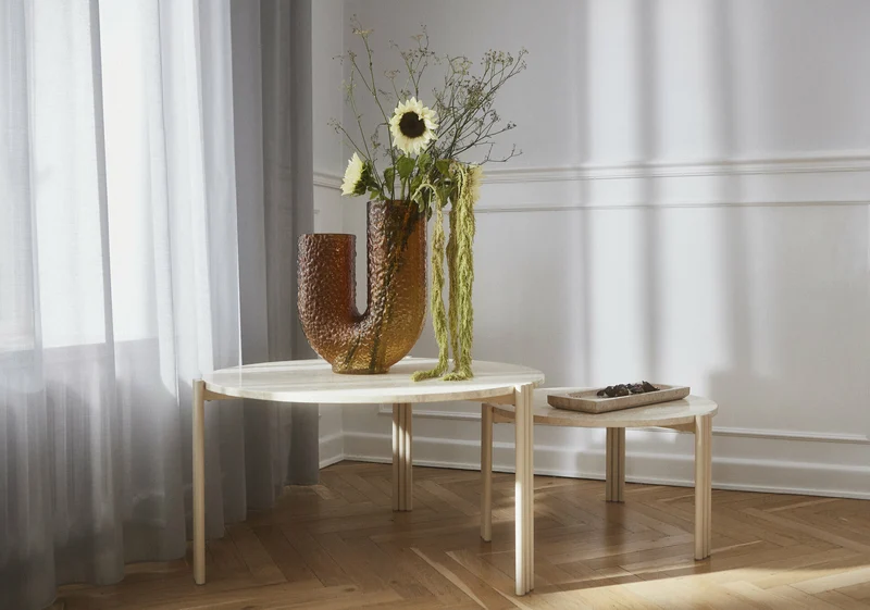 Table basse ronde en acier beige et travertin 35 x 60 cm Tribus - AYTM