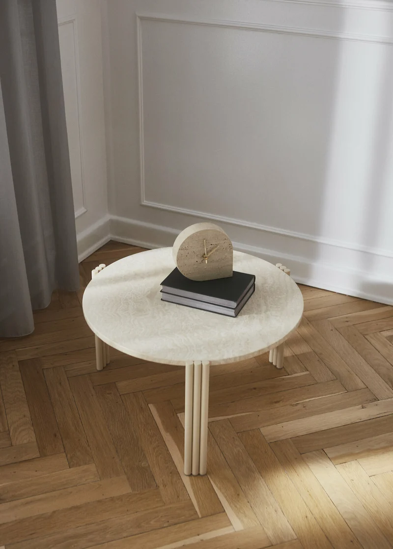 Table basse ronde en acier beige et travertin 45 x 80 cm Tribus - AYTM