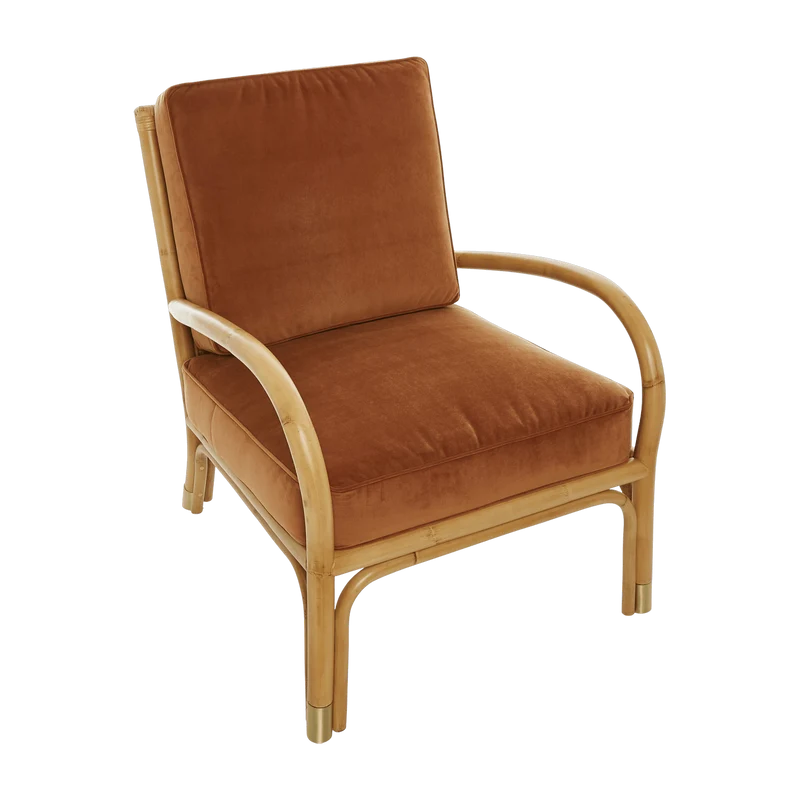 Fauteuil une place en rotin avec coussin de velours couleur ocre 66 x 80 x 80 - KOK