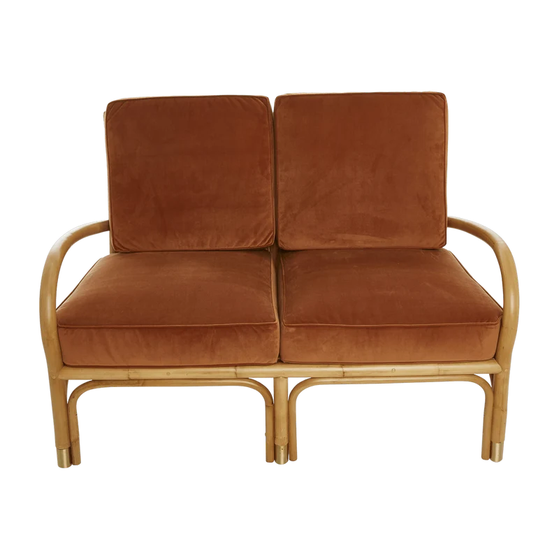 Fauteuil deux places en rotin avec coussin de velours couleur ocre 123 x 80 x 80 Riviera - KOK