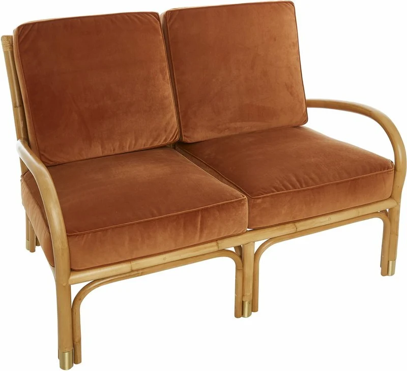 Fauteuil deux places en rotin avec coussin de velours couleur ocre 123 x 80 x 80 Riviera - KOK