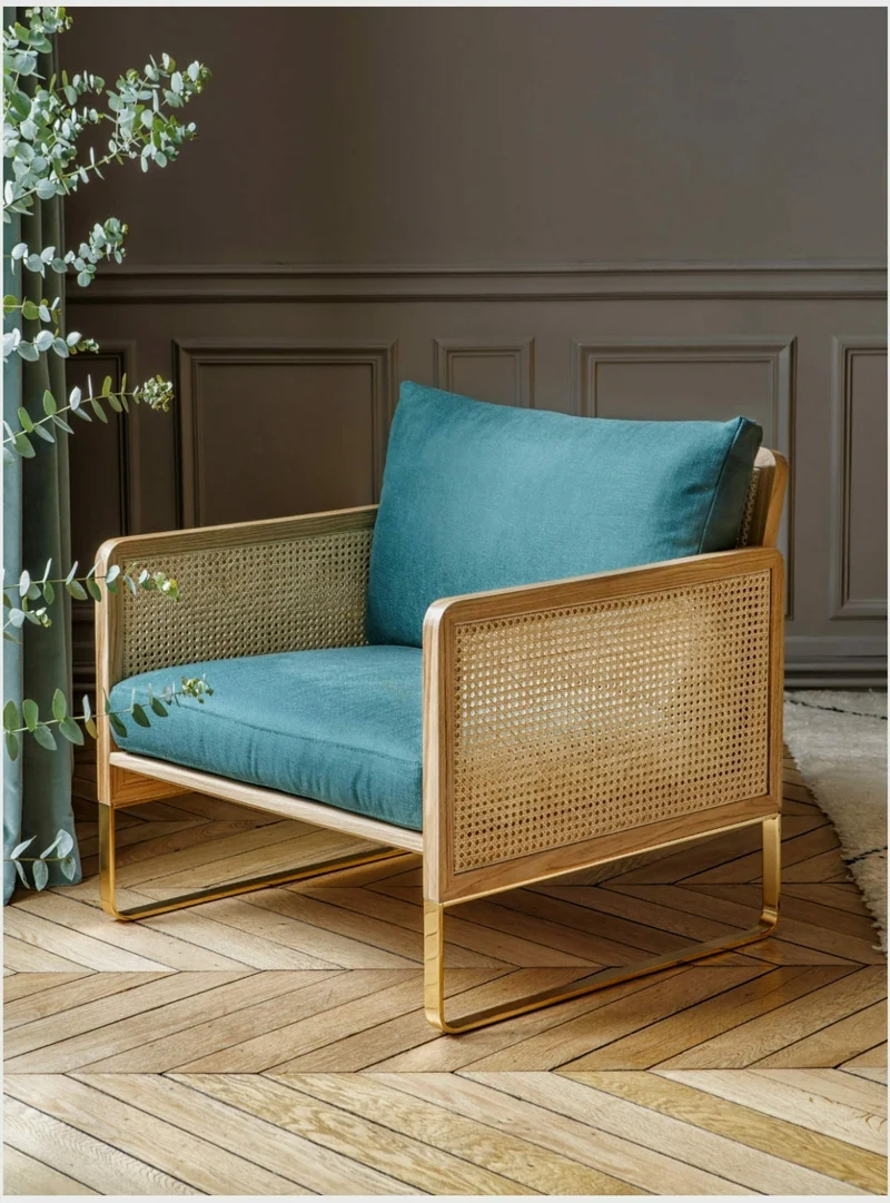 Fauteuil en bois naturel et velours bleu canard Cannage - RED Edition