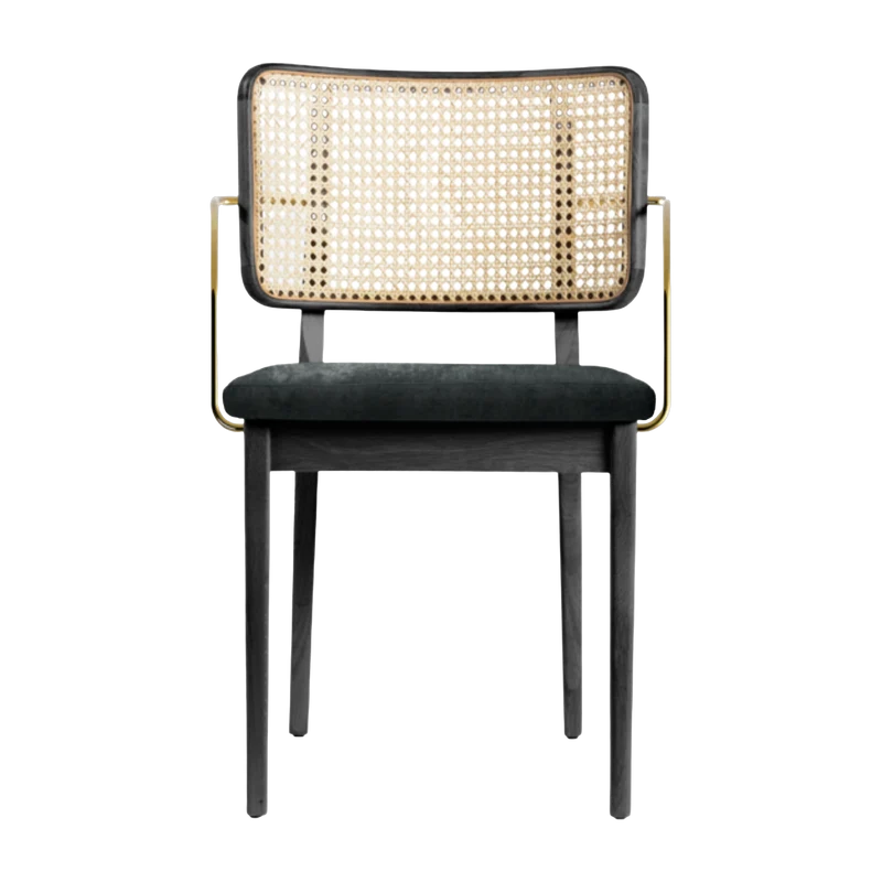 Chaise avec accoudoirs en chêne teinté noir et velours gris chic Cannage - RED Edition