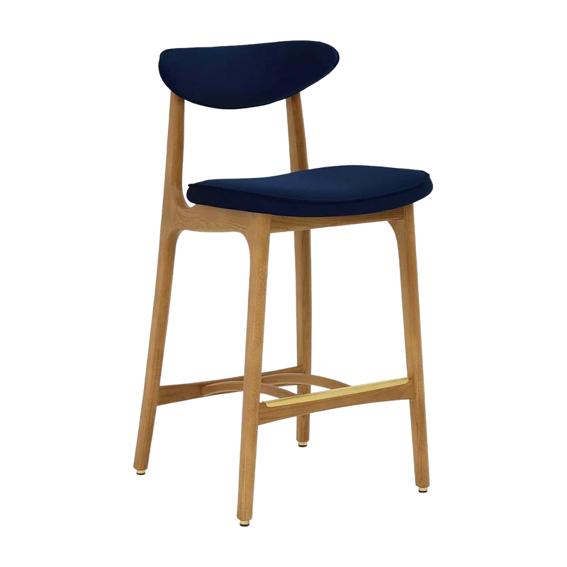 Chaise de bar en velours indigo et frêne naturel 100cm Série 200-190 - 366 Concept