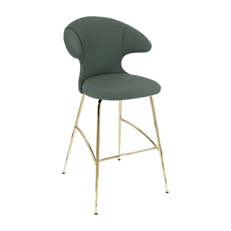 Chaise de bar en tissu bleu gris et acier laiton 75 cm Time Flies - UMAGE
