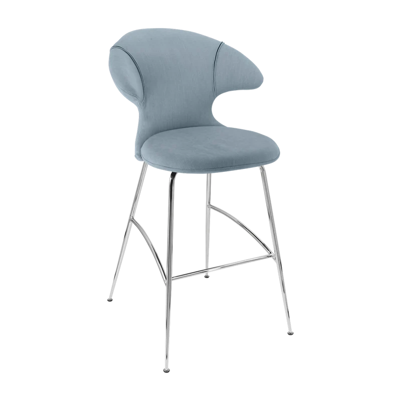 Chaise de bar en tissu bleu ciel et acier chrome 75 cm Time Flies - UMAGE