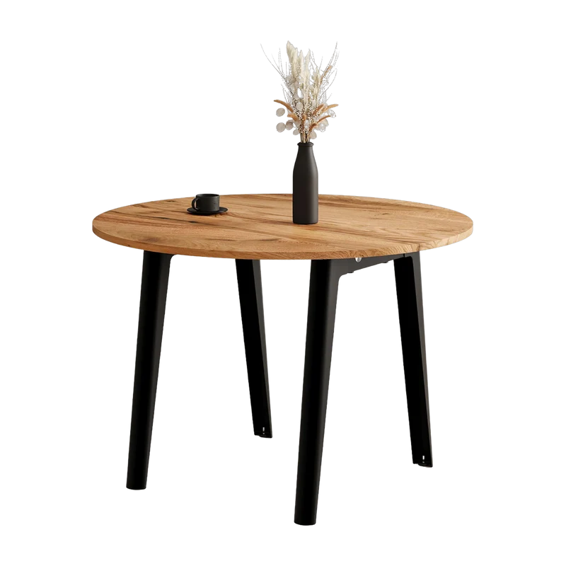 Table à manger ronde en bois ancien et piètement en acier noir 110 x 75 cm New modern - TIPTOE