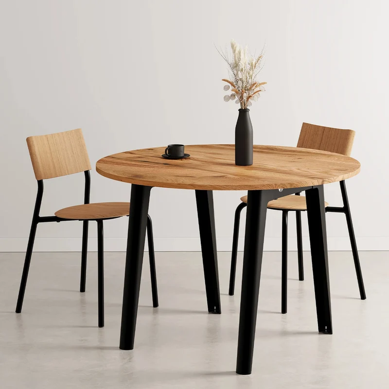 Table à manger ronde en bois ancien et piètement en acier noir 110 x 75 cm New modern - TIPTOE