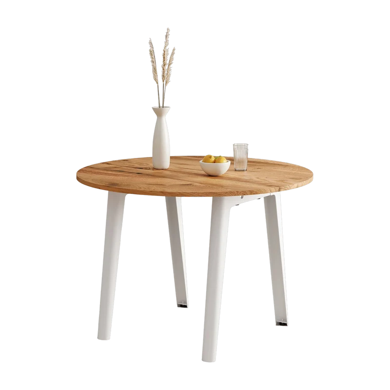 Table à manger ronde en bois ancien et piètement en acier blanc 110 x 75 cm New modern - TIPTOE
