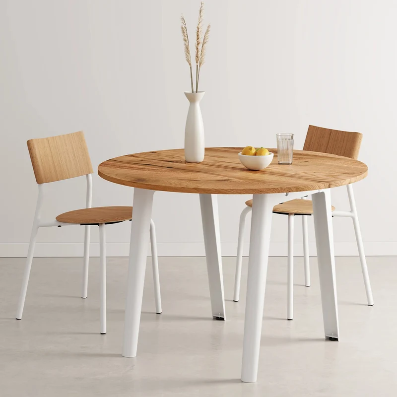 Table à manger ronde en bois ancien et piètement en acier blanc 110 x 75 cm New modern - TIPTOE